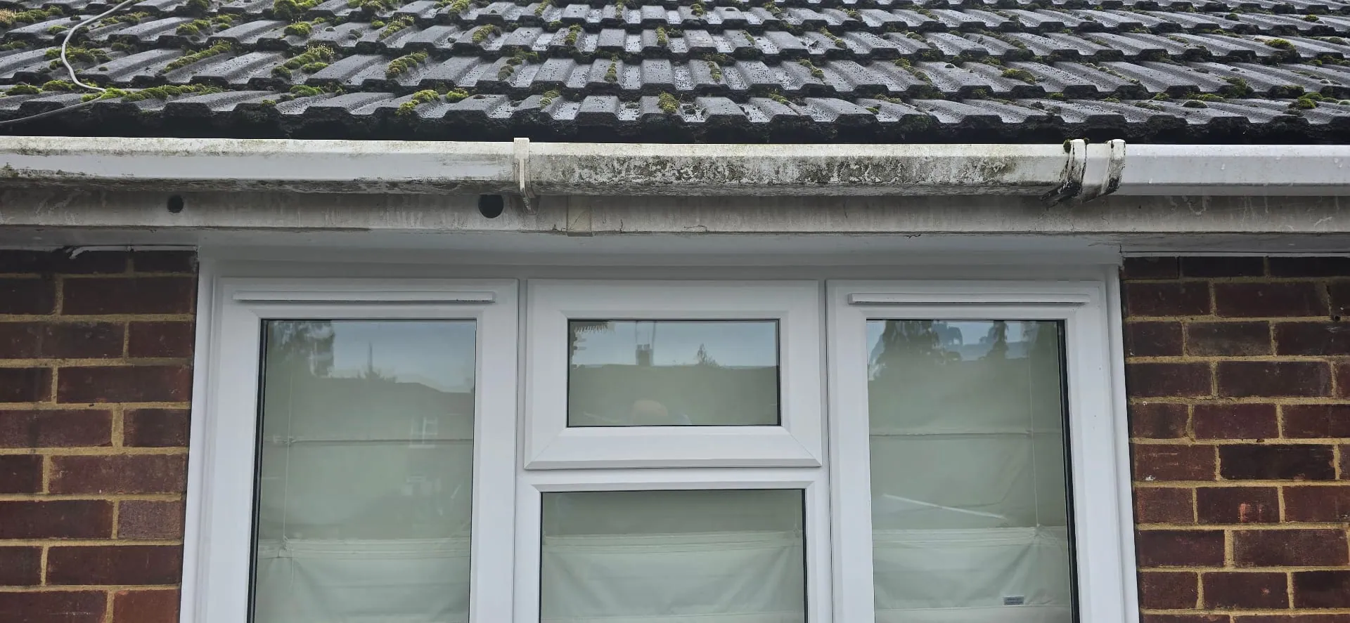 Stained gutter and fascia before cleaning in Tilehurst, Reading